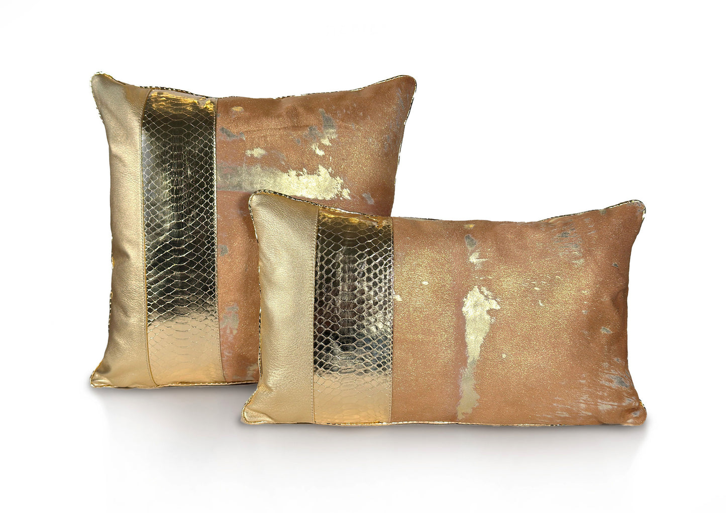 Amber Crown Collection luxury cushions in amber-gold calf leather with gold python and sheepskin, handmade in Romania.