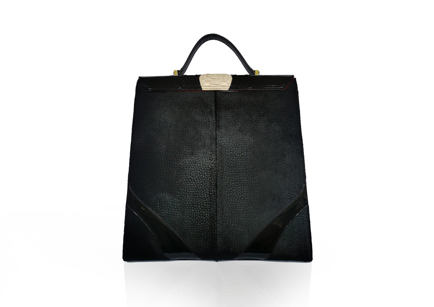 Elegant black handbag with python skin and pony leather details, handmade in Bucharest, Romania.