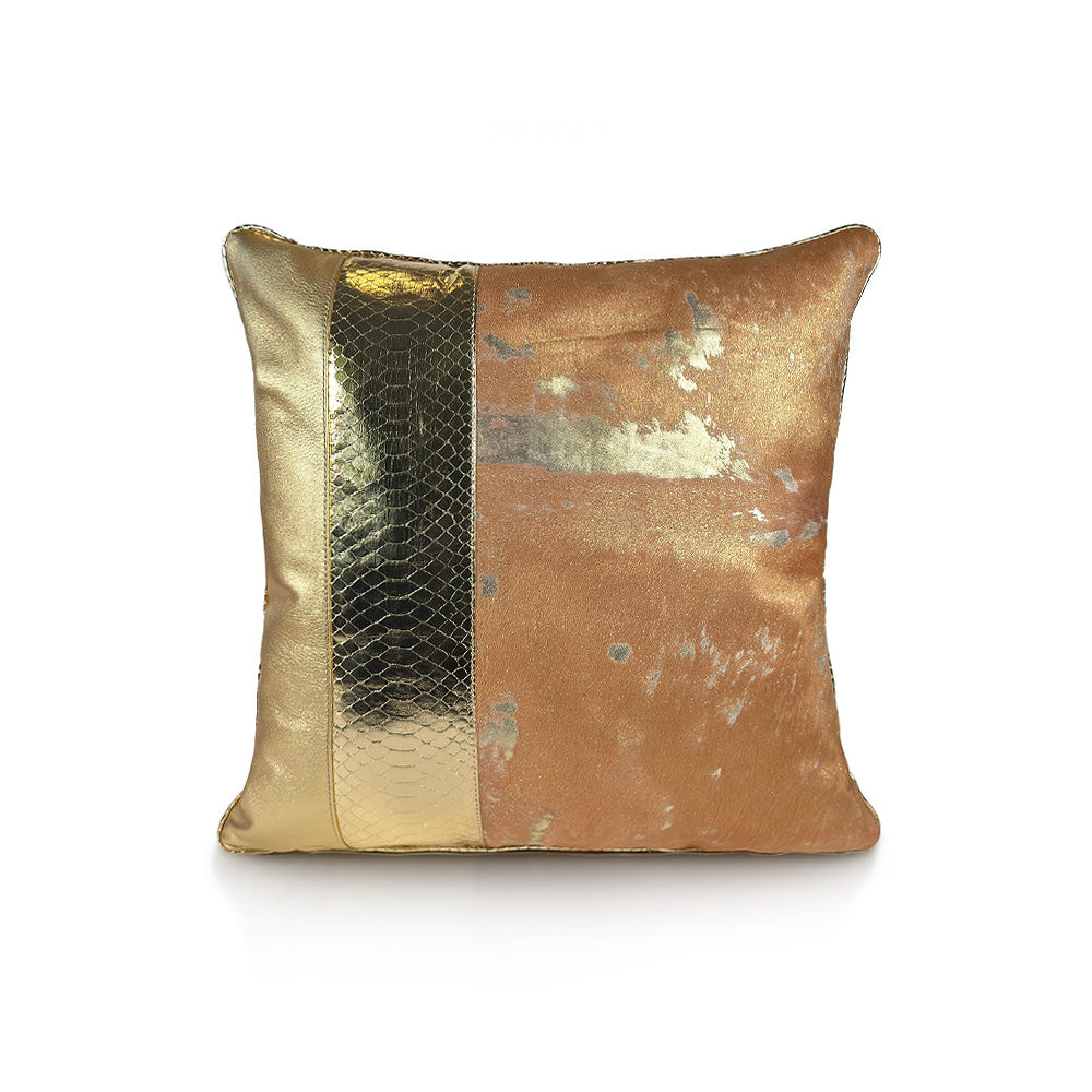 Amber Crown Large luxury decorative cushion – amber-gold hair-on-hide calf leather with off-center gold python insert and gold sheepskin panel, handmade in Romania.