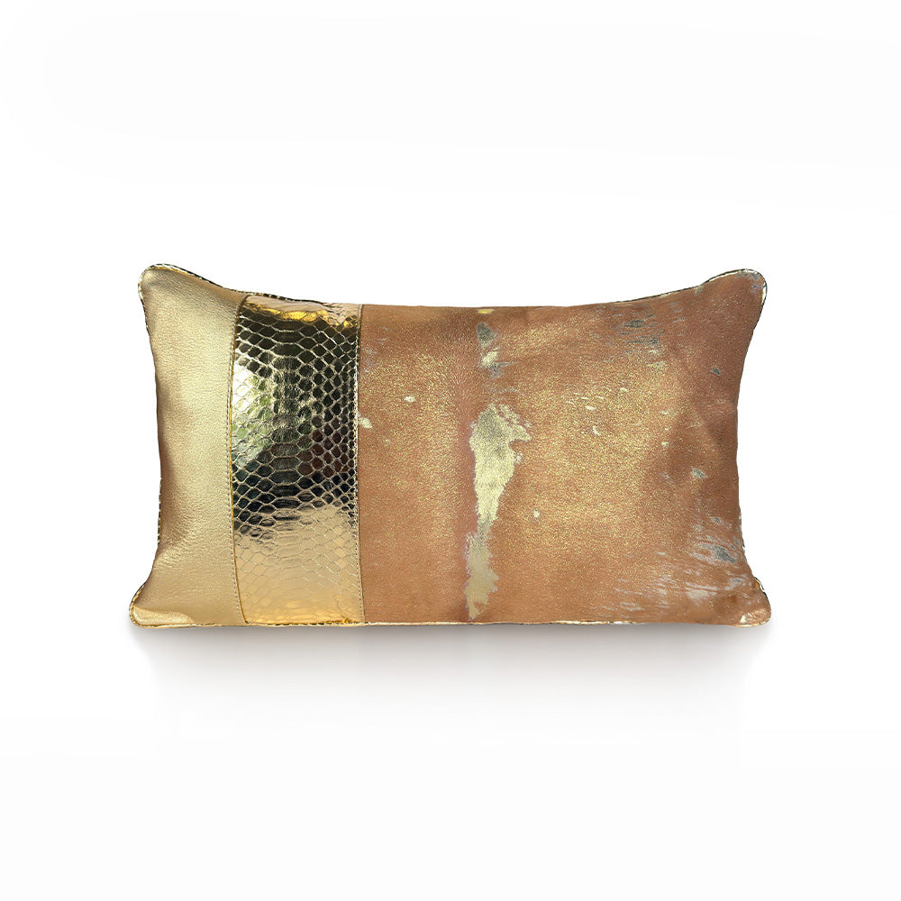 Amber Crown Small luxury cushion – amber-gold hair-on-hide calf leather with off-center gold python insert and gold sheepskin panel, handmade in Romania.