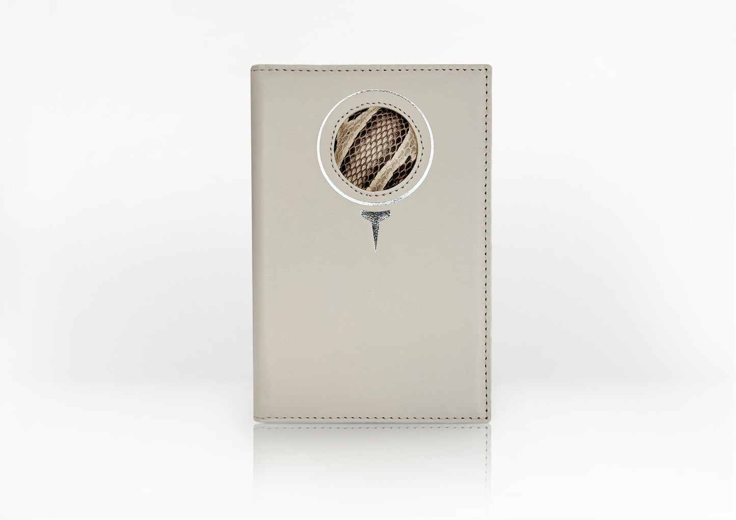 Carte du Jeu luxury golf scorecard holder – matte light beige calfskin with circular natural python insert inspired by a golf ball and tee, handmade in Romania.