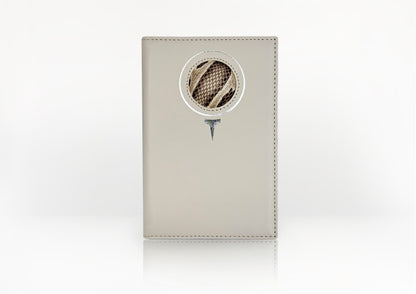 Carte du Jeu luxury golf scorecard holder – matte light beige calfskin with circular natural python insert inspired by a golf ball and tee, handmade in Romania.