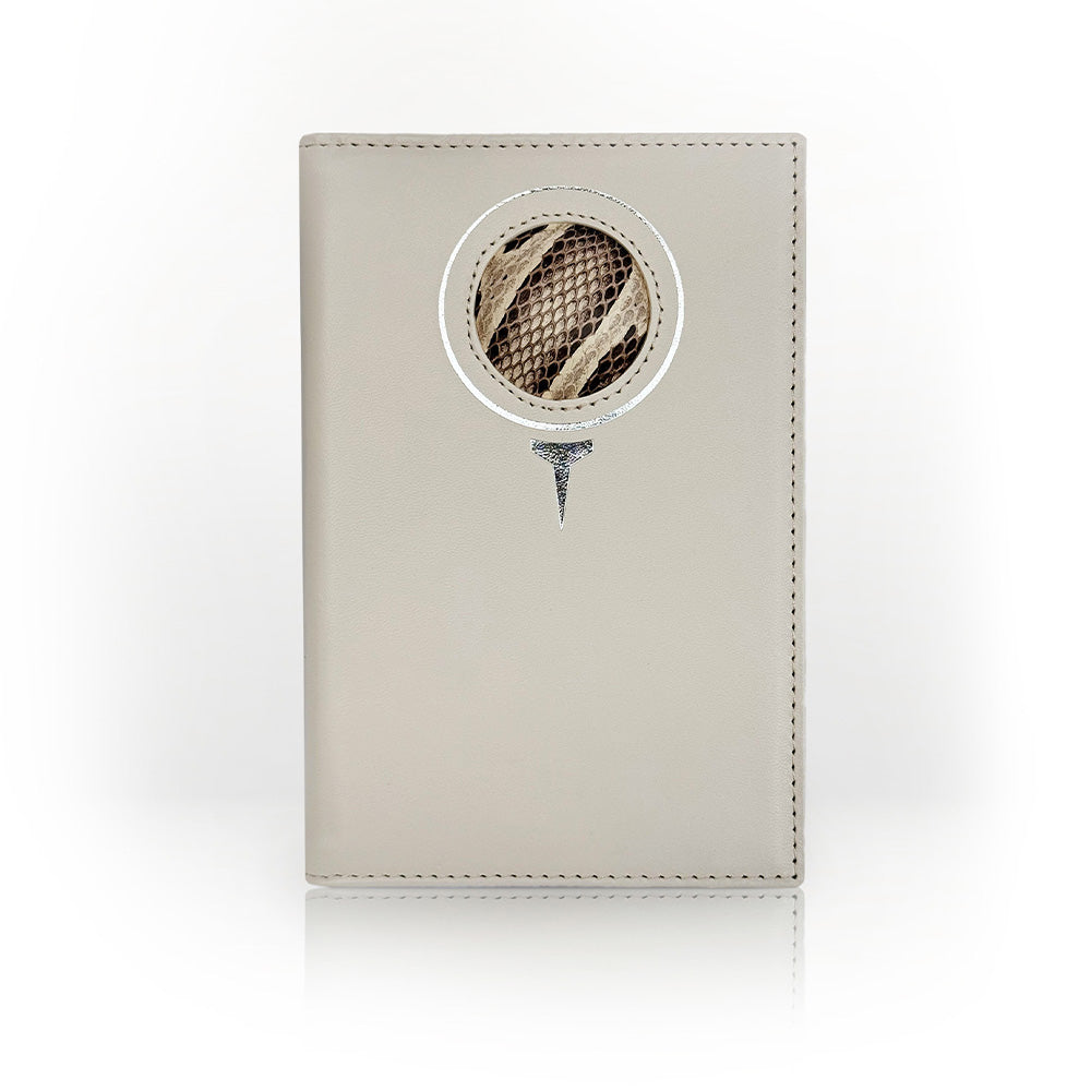 Carte du Jeu luxury golf scorecard holder – matte light beige calfskin with circular natural python insert inspired by a golf ball and tee, handmade in Romania.