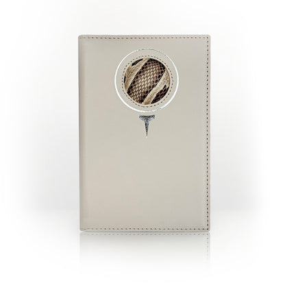 Carte du Jeu luxury golf scorecard holder – matte light beige calfskin with circular natural python insert inspired by a golf ball and tee, handmade in Romania.