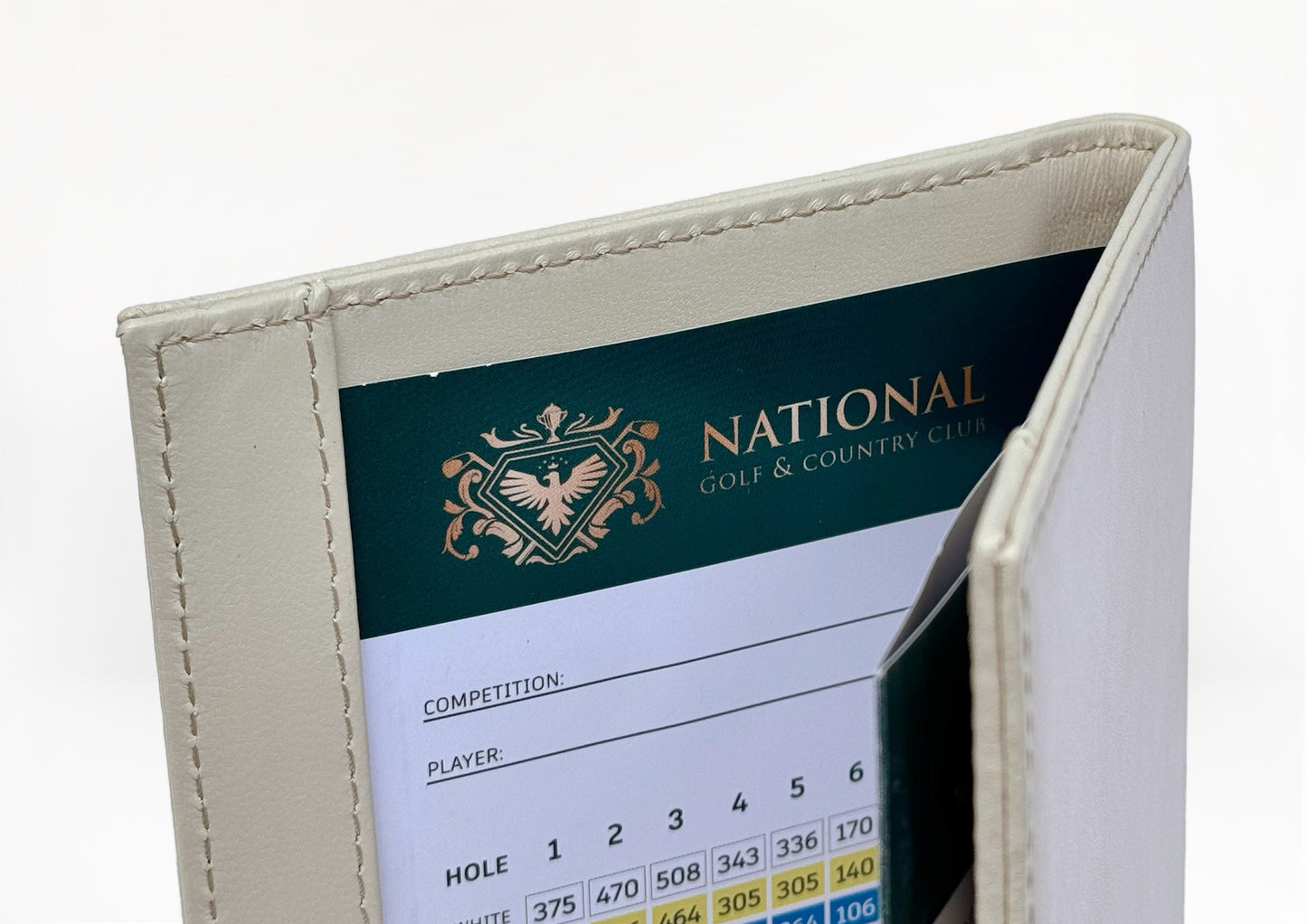 Angled interior view of the Carte du Jeu golf scorecard holder – elegant finish with visible logo and card pocket, handmade in Romania.