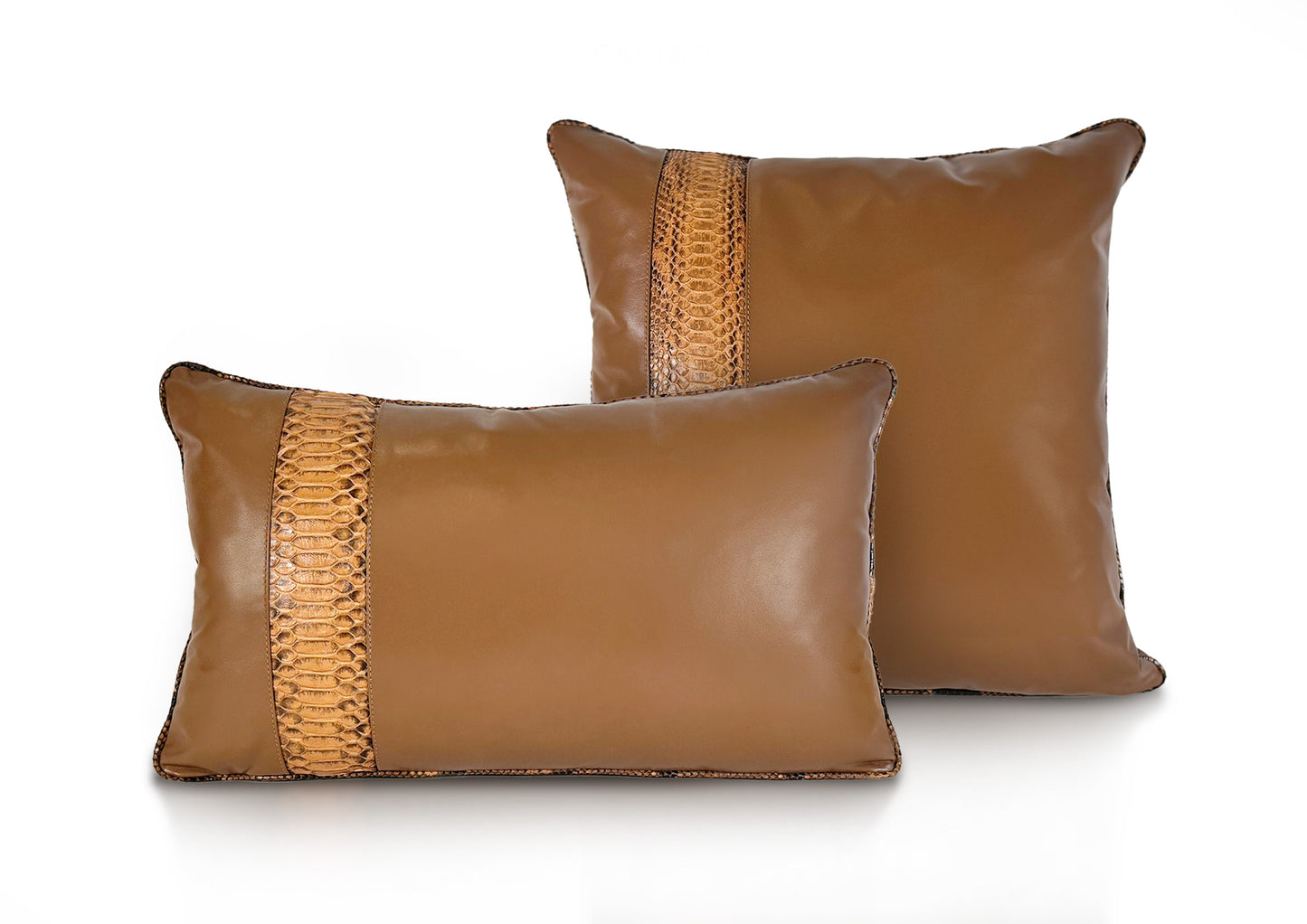 Dune Collection luxury cushions in Golden Sand goat leather with Sahara Python accents, handmade in Romania.