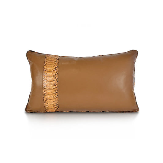 Dune Small luxury decorative cushion – Golden Sand goat leather with Sahara Python insert and matching piping, handmade in Romania.