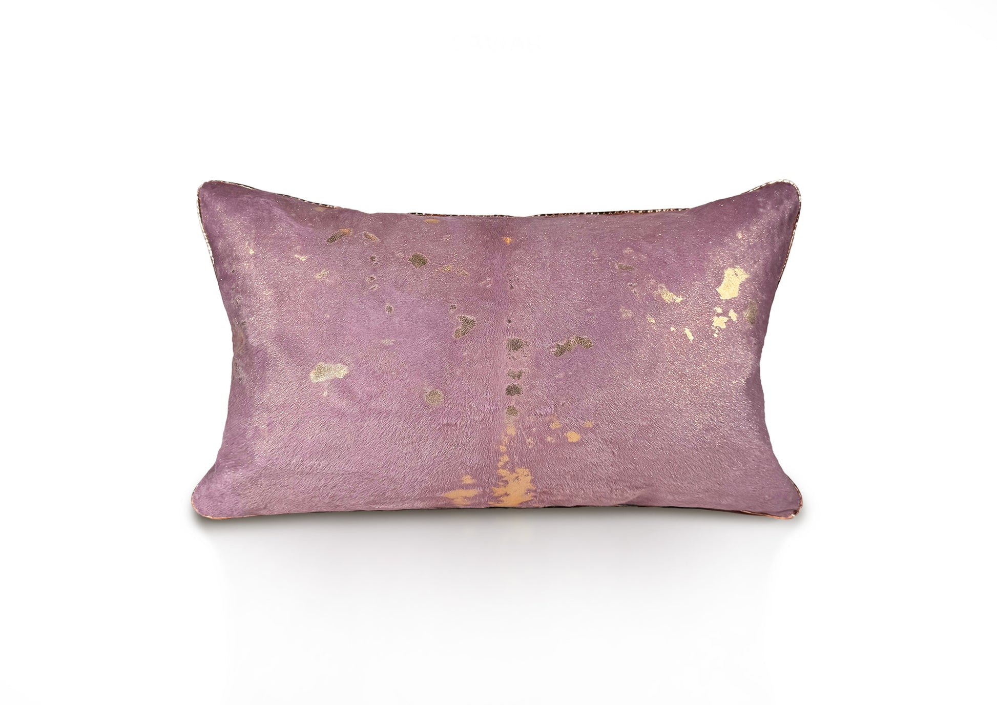 Back view of the Fleurie cushion in pink hair-on-hide calf leather with gold leaf patina and zipper closure.