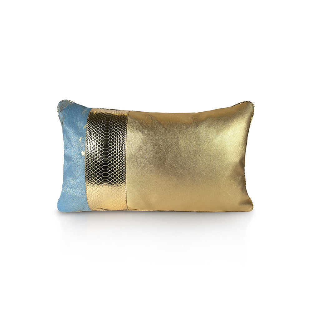 Fleurie luxury decorative cushion – two-thirds gold sheepskin with off-center golden python insert and blue calf leather with gold patina, handmade in Romania.