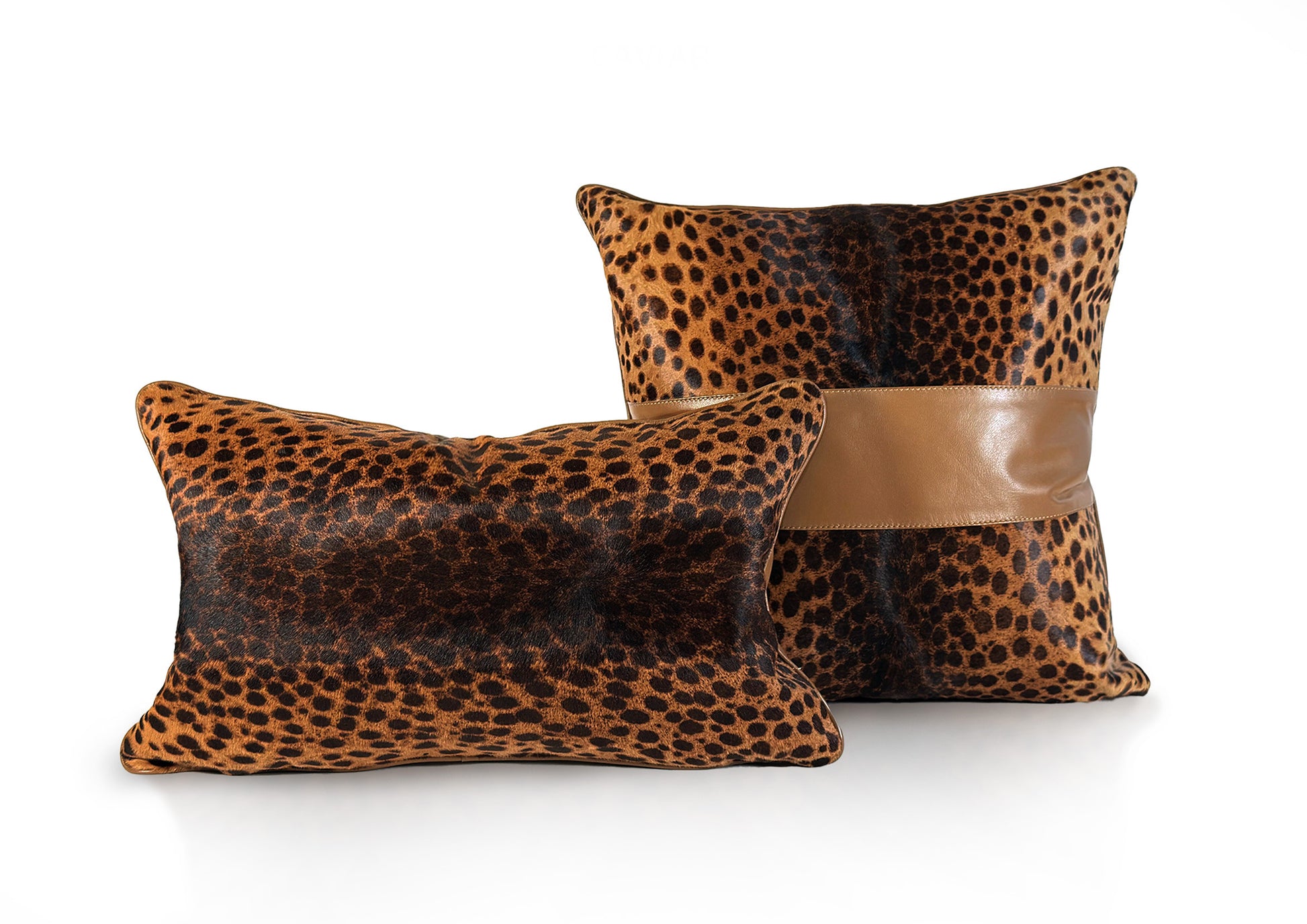 Luxury decorative pillow made of leopard hair-on-hide calf on the front and natural caramel goat leather on the back  front view– handmade by MFL, limited edition.