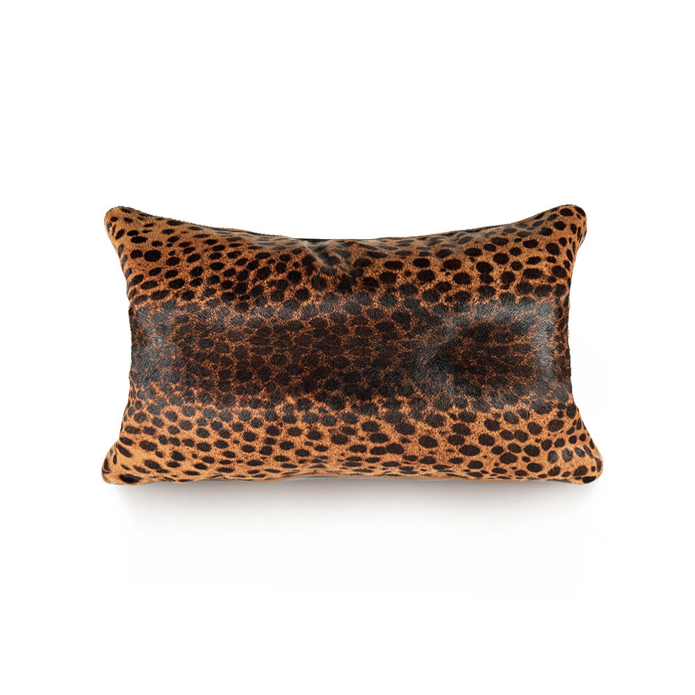 Luxury decorative pillow made of leopard hair-on-hide calf on the front and natural caramel goat leather on the back – handmade by MFL, limited edition.