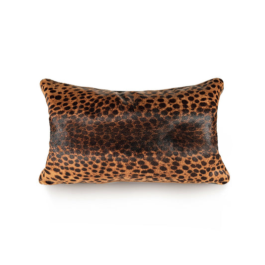 Luxury decorative pillow made of leopard hair-on-hide calf on the front and natural caramel goat leather on the back – handmade by MFL, limited edition.