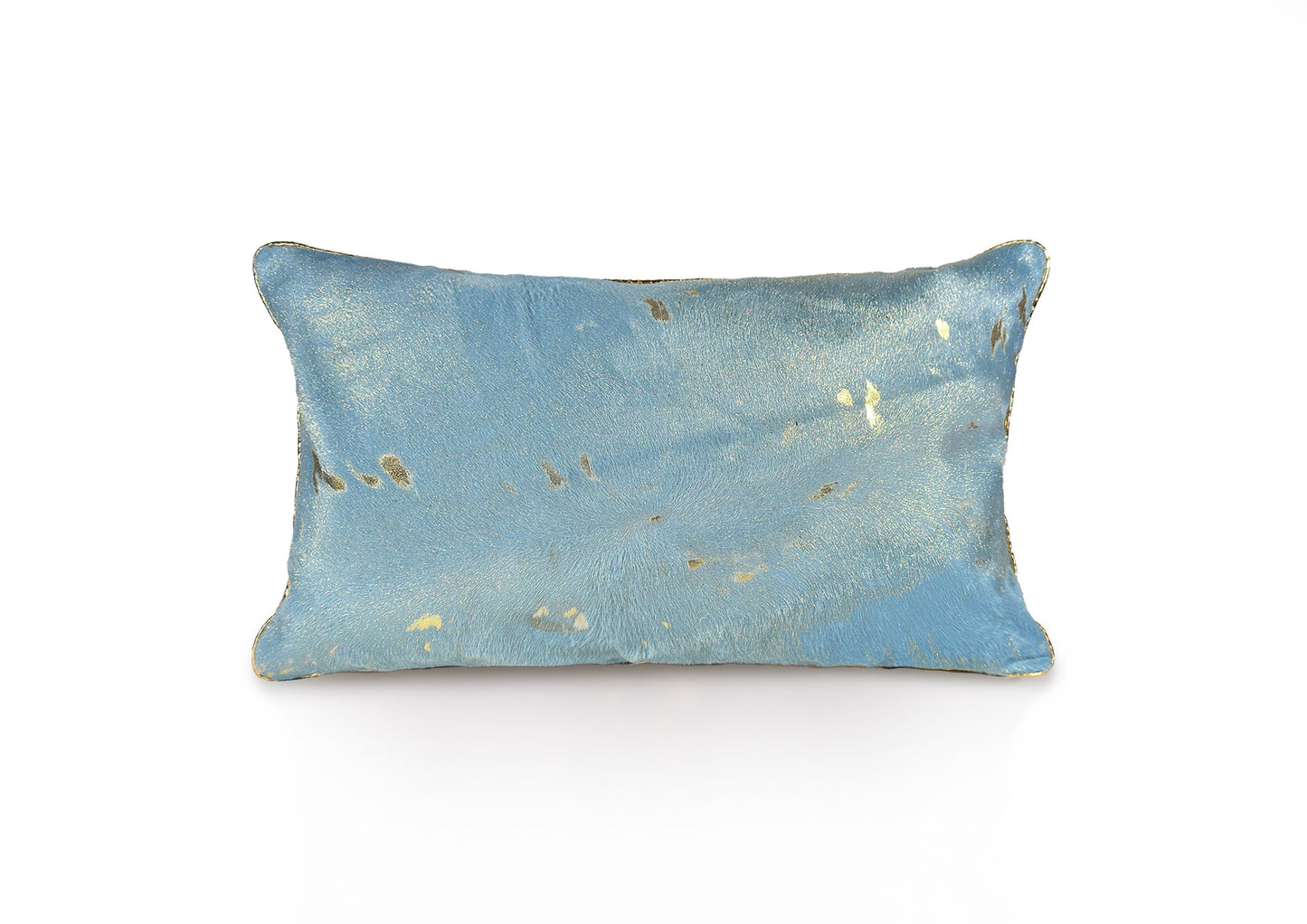 Back view of the Lolita cushion in blue hair-on-hide calf leather with matching blue zipper closure.