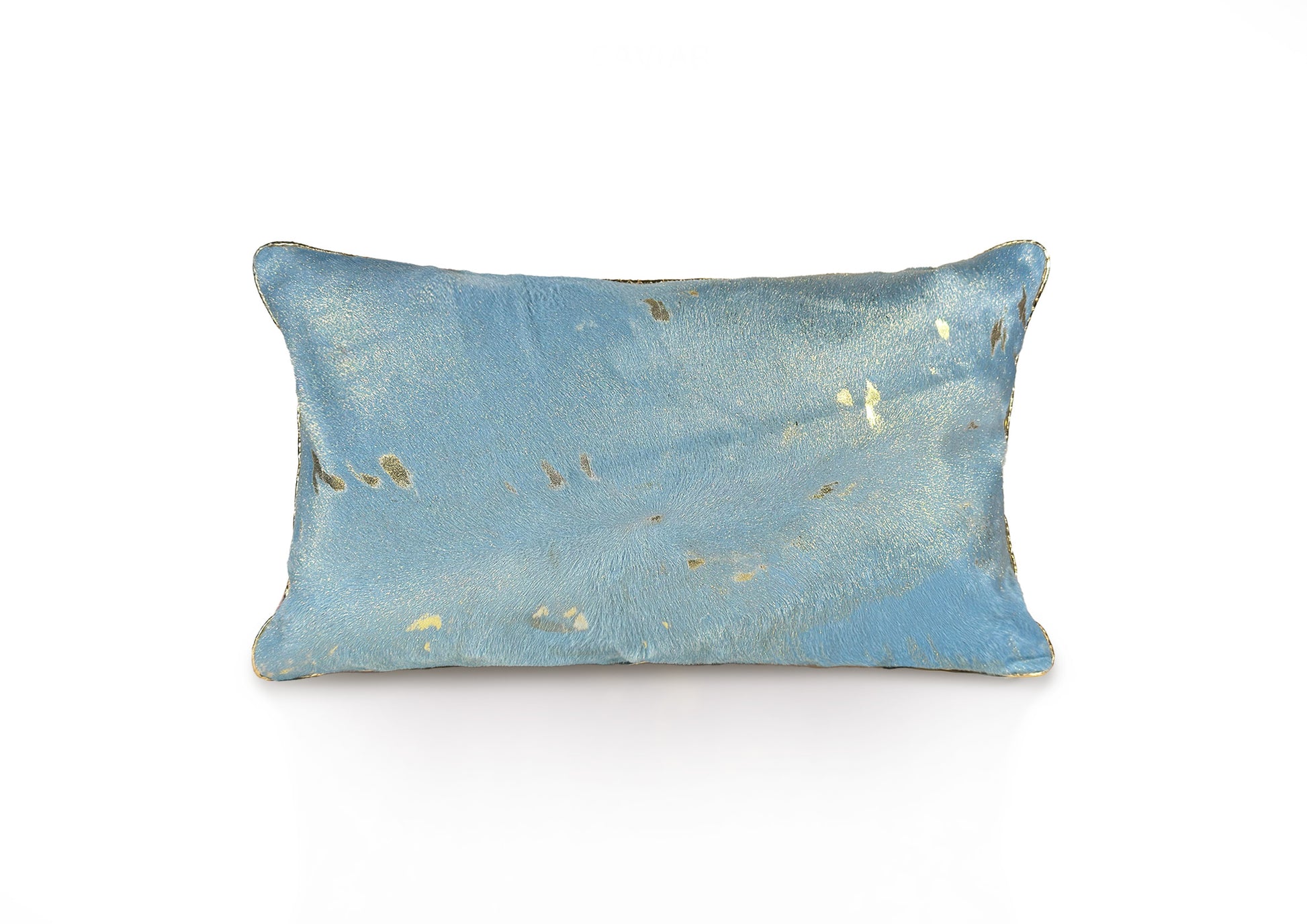 Back view of the Lolita cushion in blue hair-on-hide calf leather with matching blue zipper closure.