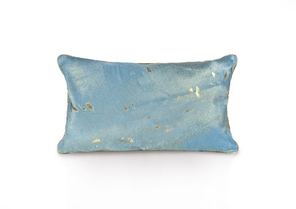 Back view of the Lolita cushion in blue hair-on-hide calf leather with matching blue zipper closure.