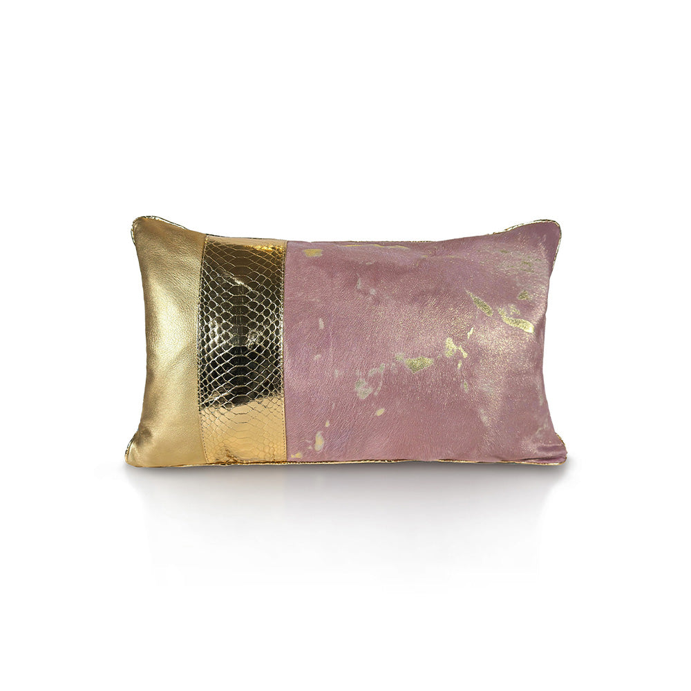 Lolita luxury decorative cushion – pink hair-on-hide calf leather with gold patina, golden python insert, and gold sheepskin accent, handmade in Romania.