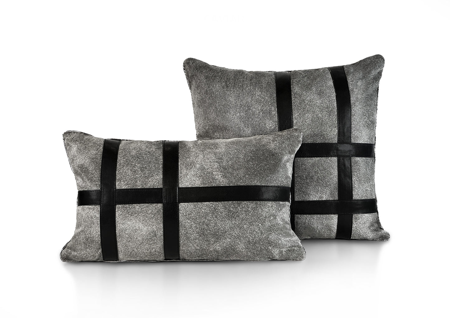 Metropolitan Collection luxury cushions featuring the Stripe and Grid designs in grey hair-on-hide and black calf leather, handmade in Romania.