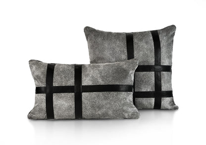 Metropolitan Collection luxury cushions featuring the Stripe and Grid designs in grey hair-on-hide and black calf leather, handmade in Romania.