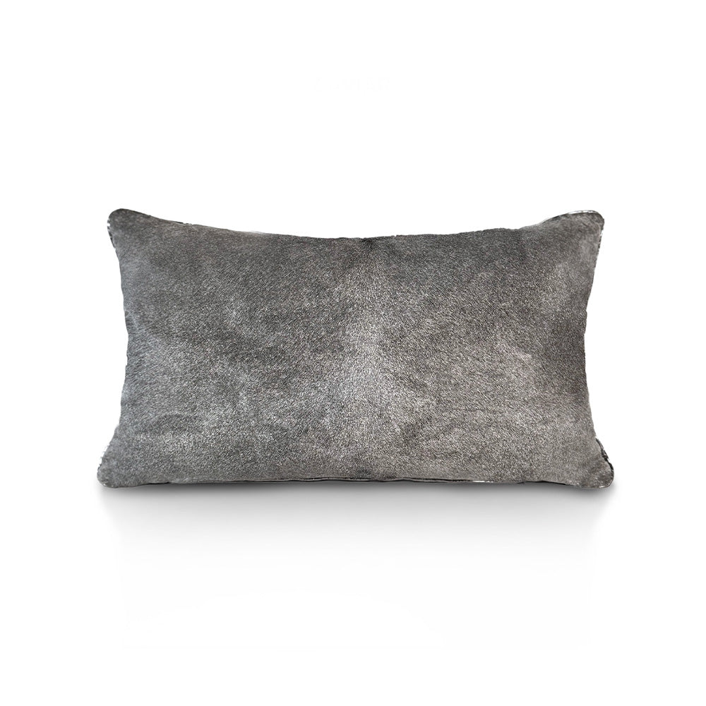 Metropolitan Small luxury decorative cushion in grey hair-on-hide calf leather with silver water snake piping, handmade in Romania.