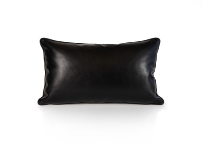 Back view of the Metropolitan Small Stripe cushion in smooth black calf leather with black zipper closure.