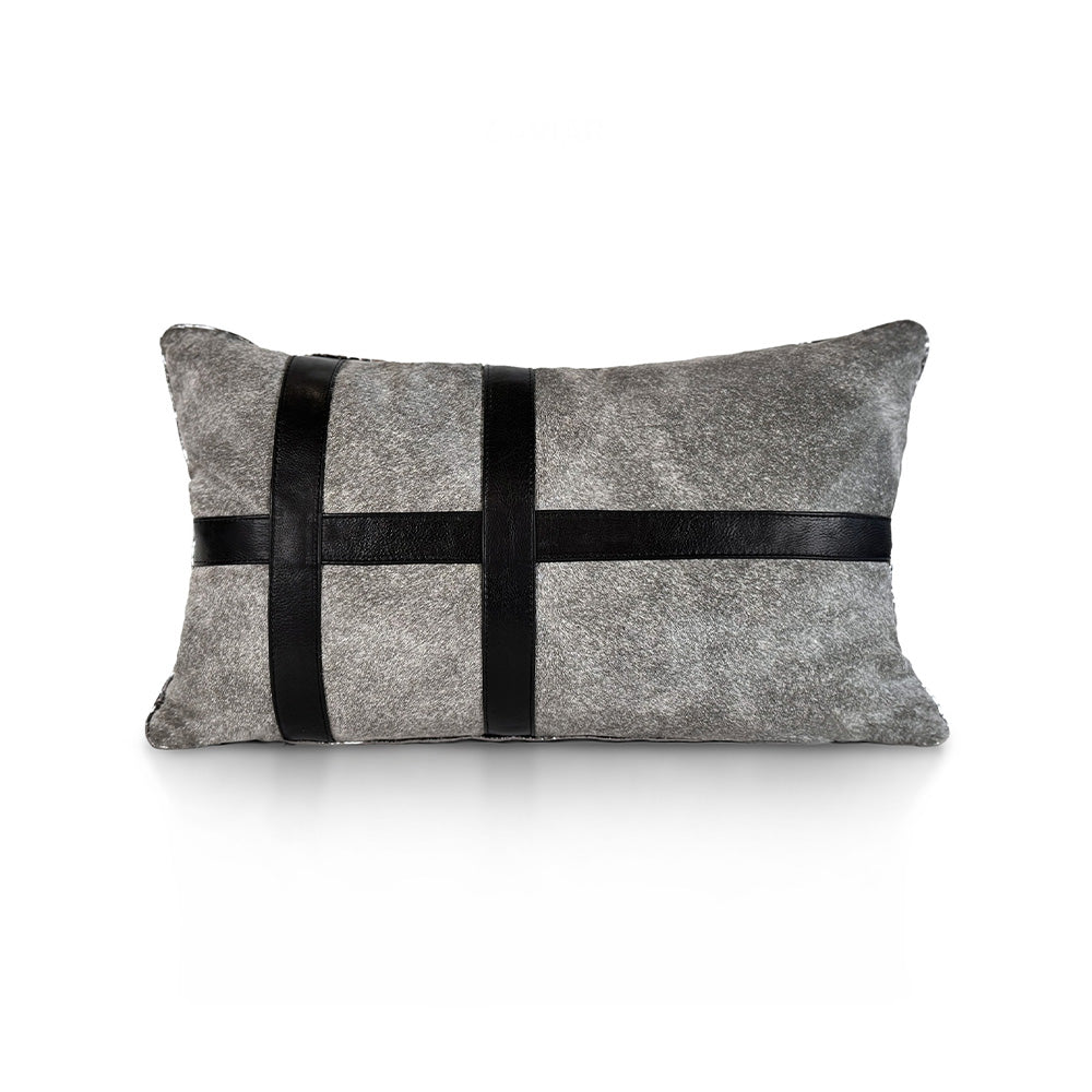 Metropolitan Small Stripe luxury decorative cushion – grey hair-on-hide calf leather with black calf leather stripes, handmade in Romania.