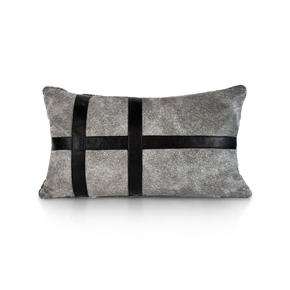 Metropolitan Small Stripe luxury decorative cushion – grey hair-on-hide calf leather with black calf leather stripes, handmade in Romania.