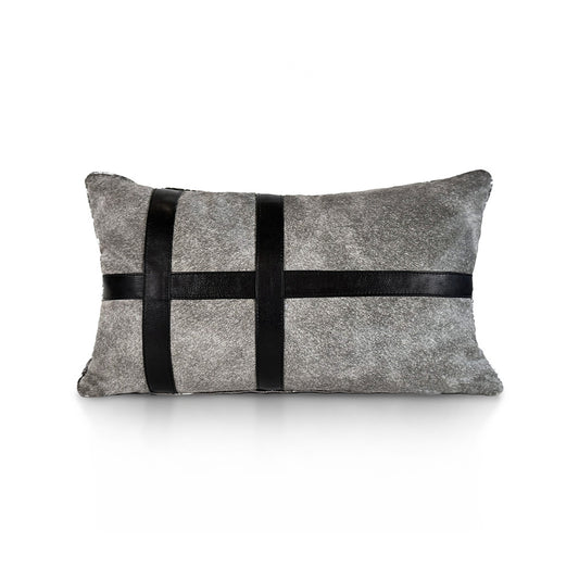 Metropolitan Small Stripe luxury decorative cushion – grey hair-on-hide calf leather with black calf leather stripes, handmade in Romania.