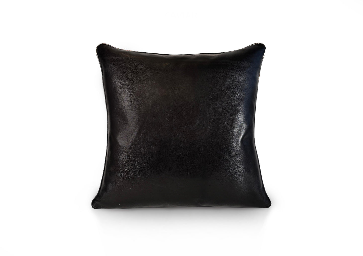 Back view of the Metropolitan Large Square cushion in smooth black calf leather with black zipper closure.