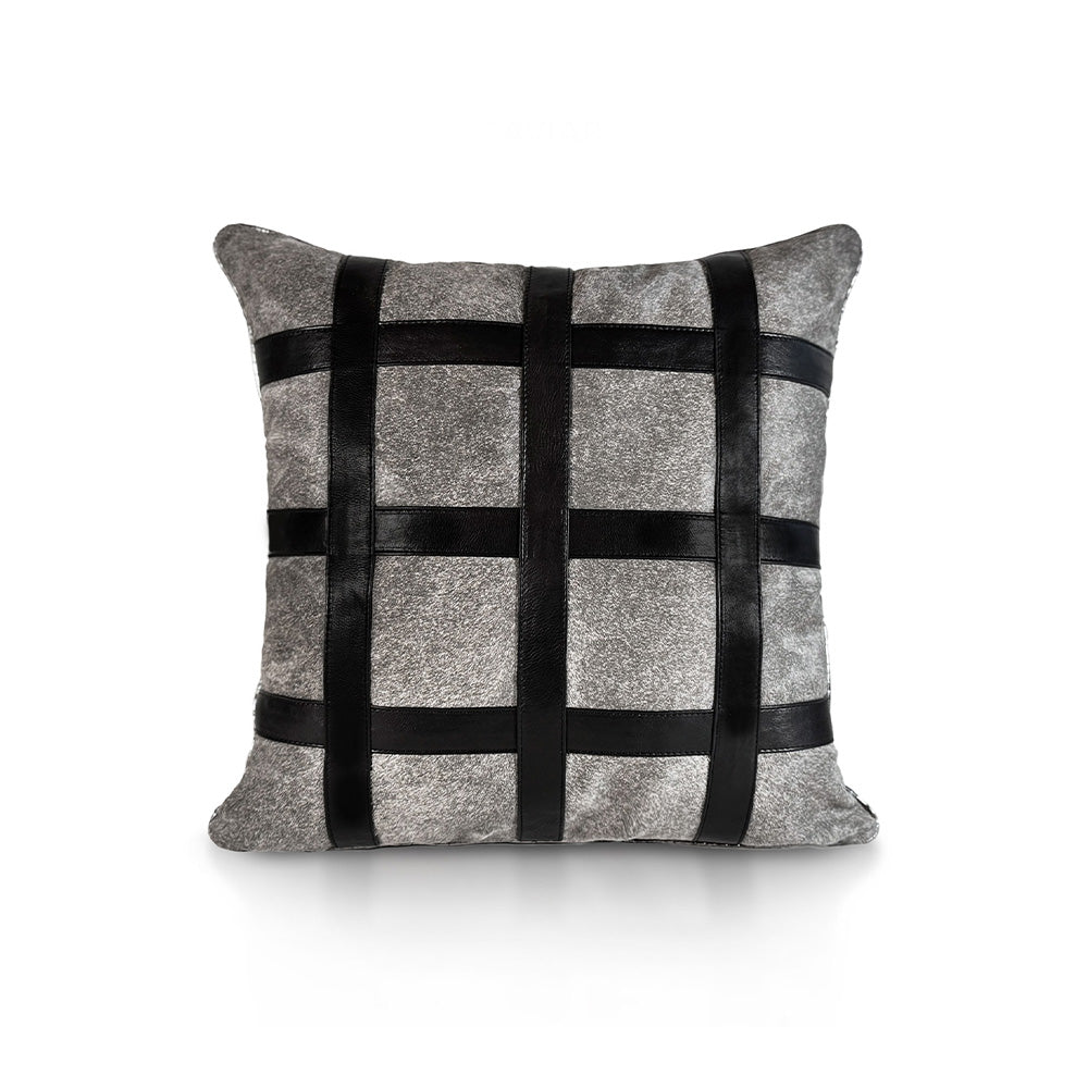 Metropolitan Large Square luxury decorative cushion – grey hair-on-hide calf leather with black calf leather stripes forming a square grid design, handmade in Romania.