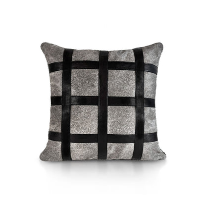 Metropolitan Large Square luxury decorative cushion – grey hair-on-hide calf leather with black calf leather stripes forming a square grid design, handmade in Romania.