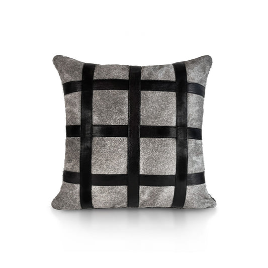 Metropolitan Large Square luxury decorative cushion – grey hair-on-hide calf leather with black calf leather stripes forming a square grid design, handmade in Romania.