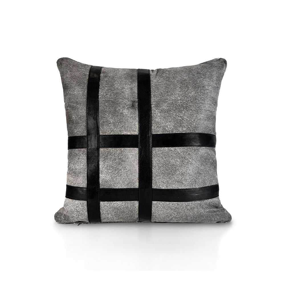 Metropolitan Large Stripe luxury decorative cushion – grey hair-on-hide calf leather with black calf leather stripes, handmade in Romania.