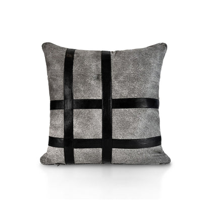 Metropolitan Large Stripe luxury decorative cushion – grey hair-on-hide calf leather with black calf leather stripes, handmade in Romania.