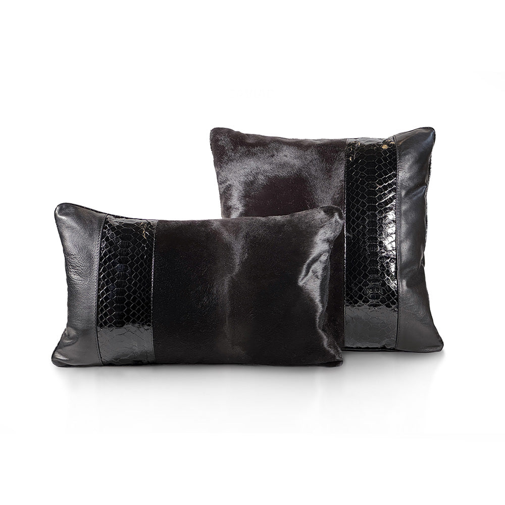 Obsidian Collection luxury cushions featuring asymmetric design in black glossy hair-on-hide and glazed python leather, handmade in Romania.