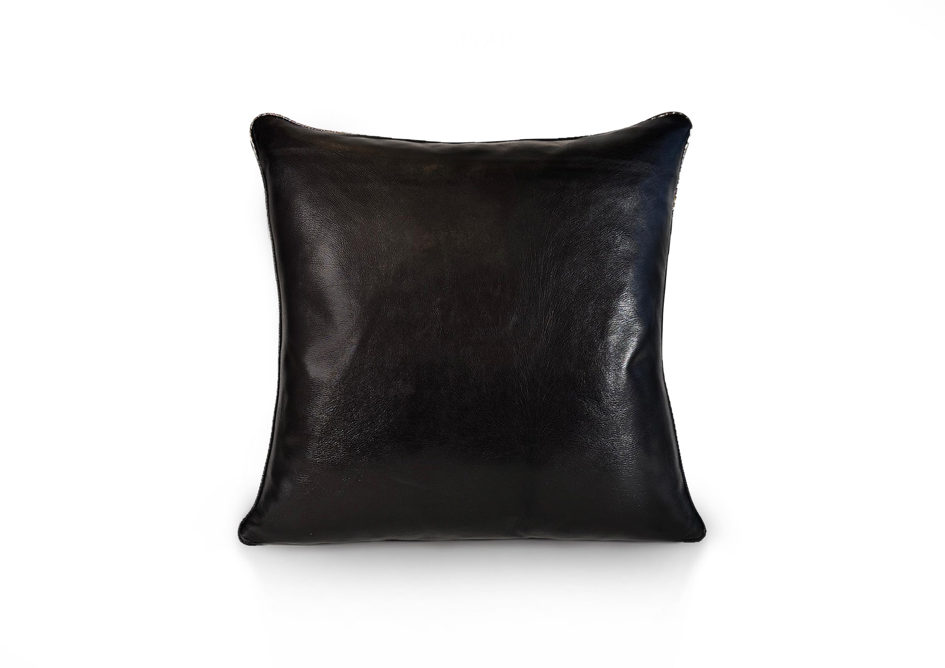 Back view of the Obsidian Large cushion in smooth black calf leather with black zipper closure.