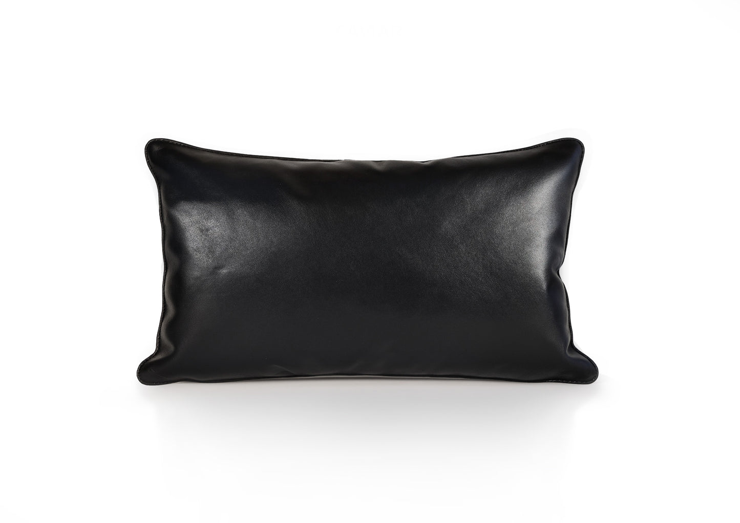 Back view of the Obsidian Small cushion in smooth black calf leather with black zipper closure.