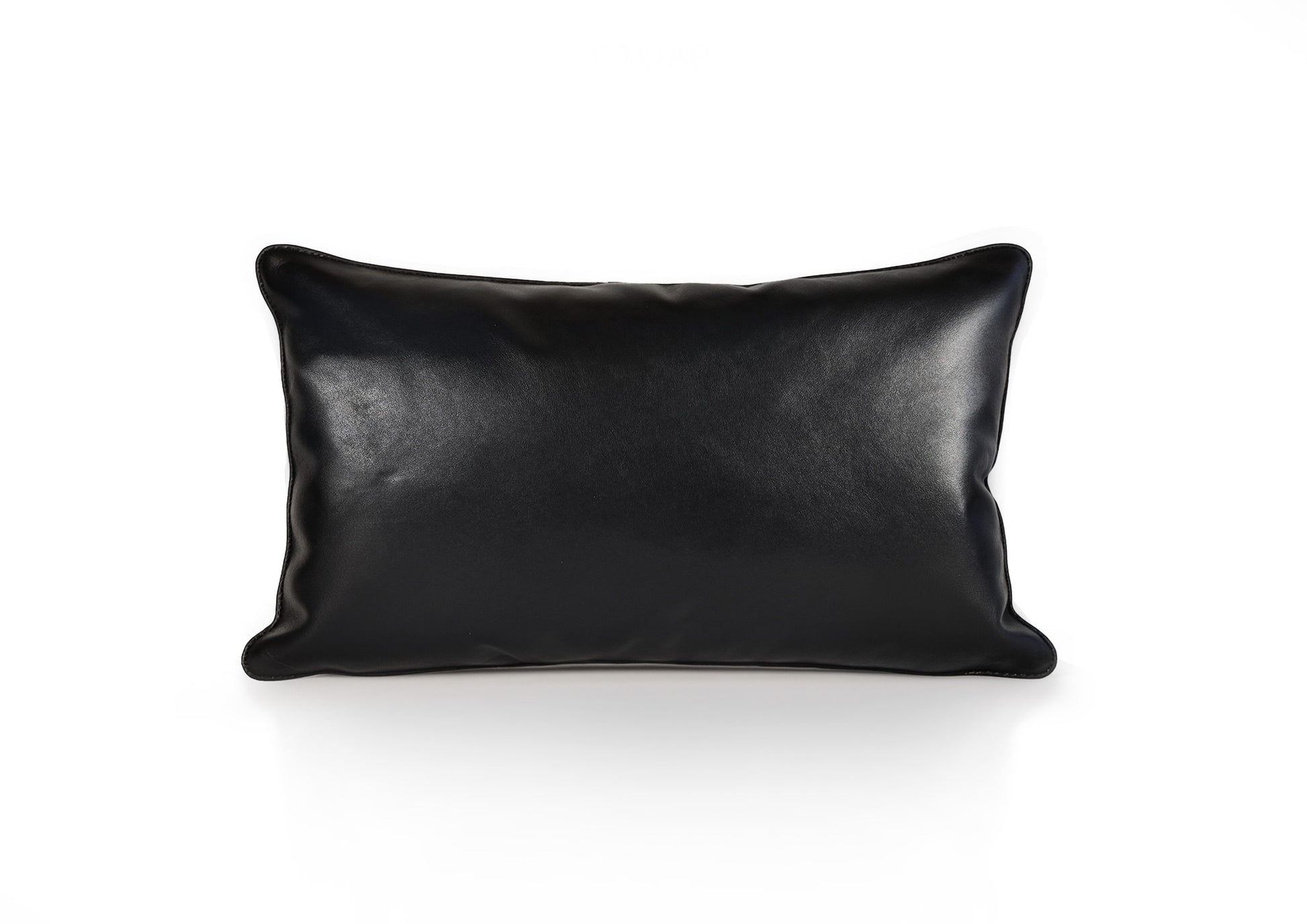 Back view of the Obsidian Small cushion in smooth black calf leather with black zipper closure.