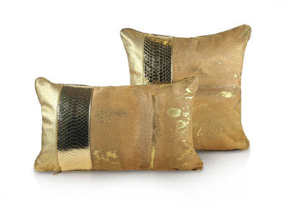 Royal Honey Collection luxury cushions with gold patina calf leather, golden python, and sheepskin, handmade in Romania.