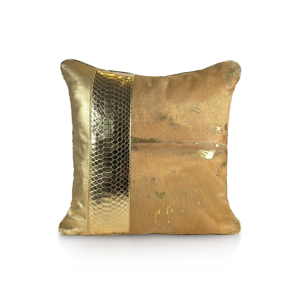 Royal Honey Large luxury decorative cushion – gold patina calf leather with off-center golden python insert and gold sheepskin panel, handmade in Romania.