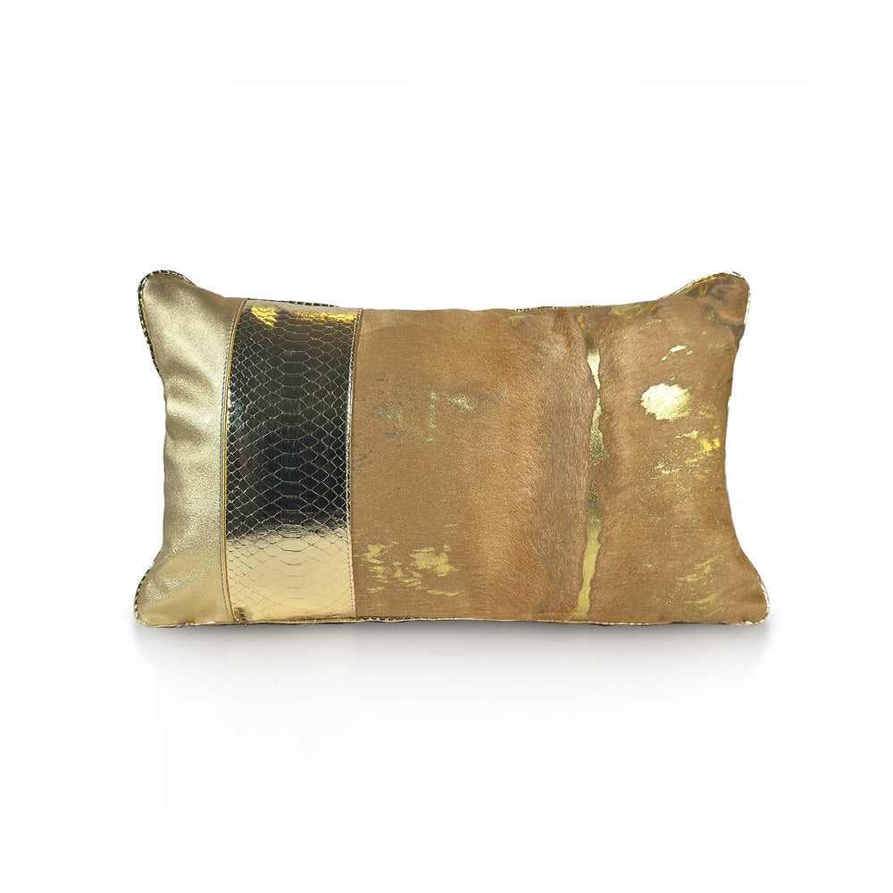 Royal Honey Small luxury decorative cushion – gold patina calf leather with off-center golden python insert and gold sheepskin panel, handmade in Romania.