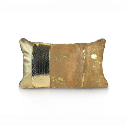 Royal Honey Small luxury decorative cushion – gold patina calf leather with off-center golden python insert and gold sheepskin panel, handmade in Romania.