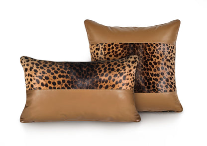 Savannah luxury decorative cushion set, featuring the large and small cushions in leopard hair-on-hide and caramel goat leather, handmade in Romania.