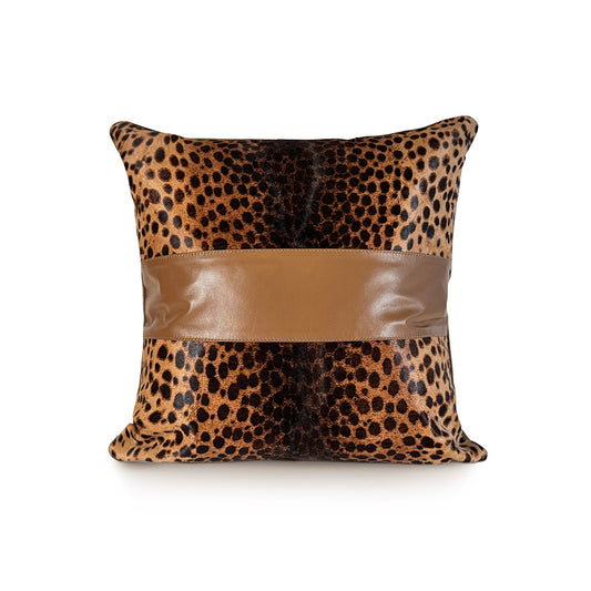 Savannah Grande luxury decorative cushion – leopard hair-on-hide calf leather with a central caramel goat-leather stripe, handmade in Romania.
