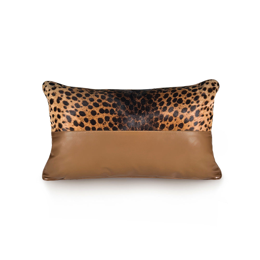 Savannah II luxury decorative cushion – half leopard hair-on-hide calf leather and half caramel goat leather, handmade in Romania.