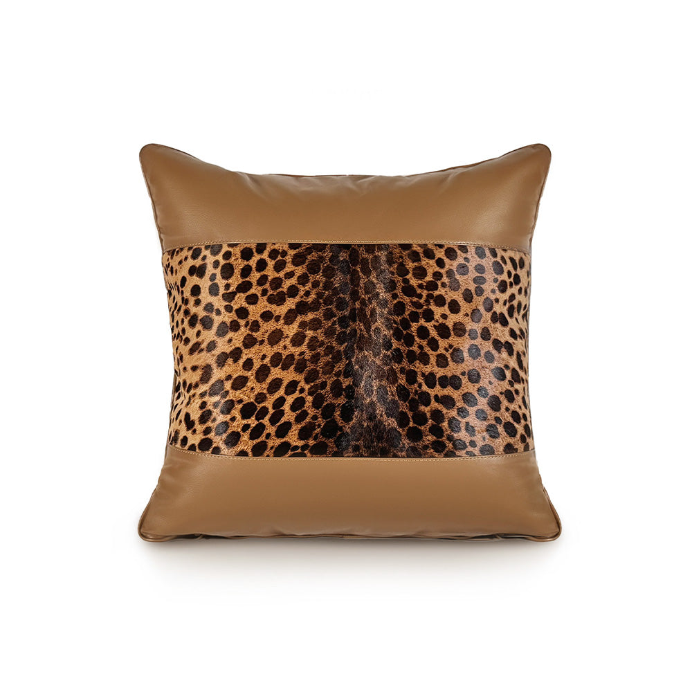 Savannah Large luxury decorative cushion – half leopard hair-on-hide calf leather and half caramel goat leather, handmade in Romania.