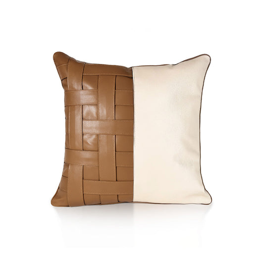 Terracotta Stripe Large luxury cushion – half woven Terracotta Tan goat leather and half Soft Ivory calf leather, handmade in Romania.