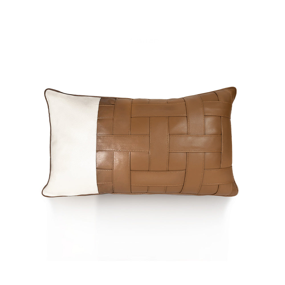 Terracotta Stripe Small luxury decorative cushion – half woven Terracotta Tan goat leather and half Soft Ivory calf leather, handmade in Romania.