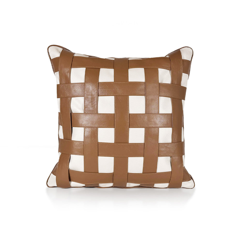 Terracotta Weave Large luxury decorative cushion – full interlaced front in Terracotta Tan goat leather and Soft Ivory calf leather, handmade in Romania.