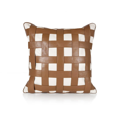 Terracotta Weave Large luxury decorative cushion – full interlaced front in Terracotta Tan goat leather and Soft Ivory calf leather, handmade in Romania.