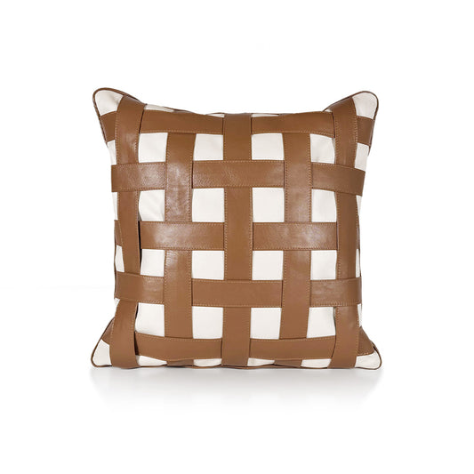 Terracotta Weave Large luxury decorative cushion – full interlaced front in Terracotta Tan goat leather and Soft Ivory calf leather, handmade in Romania.